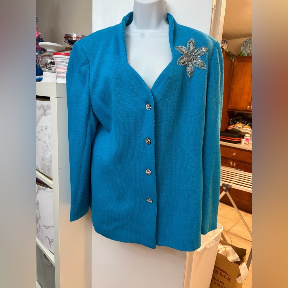 Vintage Blue Women's Jacket with Floral Accent